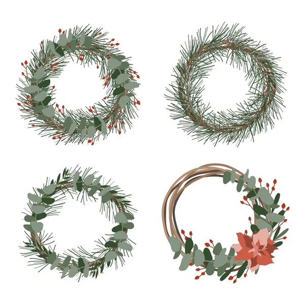 Weihnachtskränze Mit Floralen Elementen Öko Winterdekoration Für Die Tür Vektorflache — Stockvektor