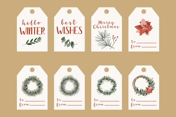 Conjunto Diferentes Etiquetas Navidad Etiquetas Caja Regalo Rústica Decoración Ecológica — Vector de stock