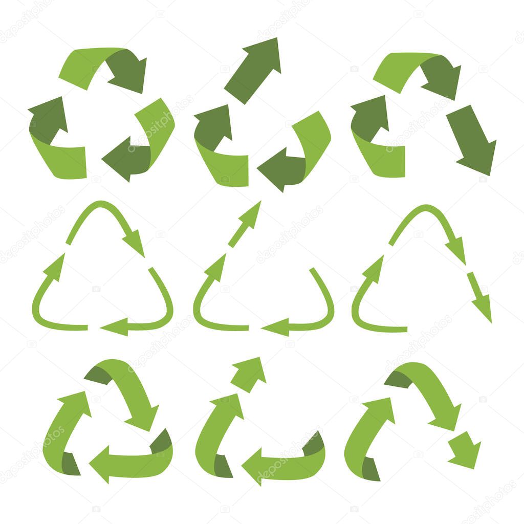 Vector recycling, upcycling and downcycling signs, isolated on white background. Green reuse symbols for ecological design. Zero waste lifestyle.
