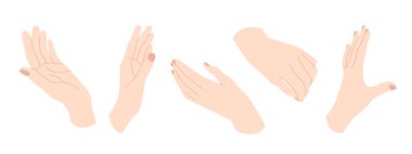 Kadın eli. El hareketleri farklı pozisyonlarda. Vektör düz çizgi film çizimi. Baskı, kozmetik ya da manikür için mükemmel.