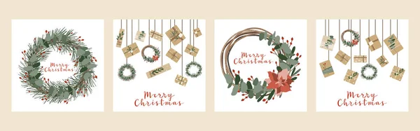 Set Quadratische Weihnachtskarten Einladung Geschenke Kraftpapier Kerzen Und Kränze Rustikale — Stockvektor