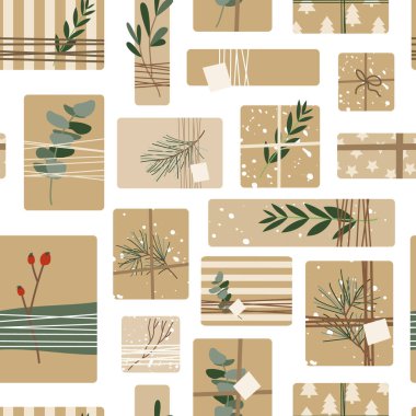 Kraft kağıdında farklı noel hediyeleri sicim kurdelesi, okaliptüs ve ladin dallarıyla. Kırsal hediye kutusu. Eko dekorasyon. Xmas ve yeni yıl kutlaması hazırlığı. Vektör düz düz desen 