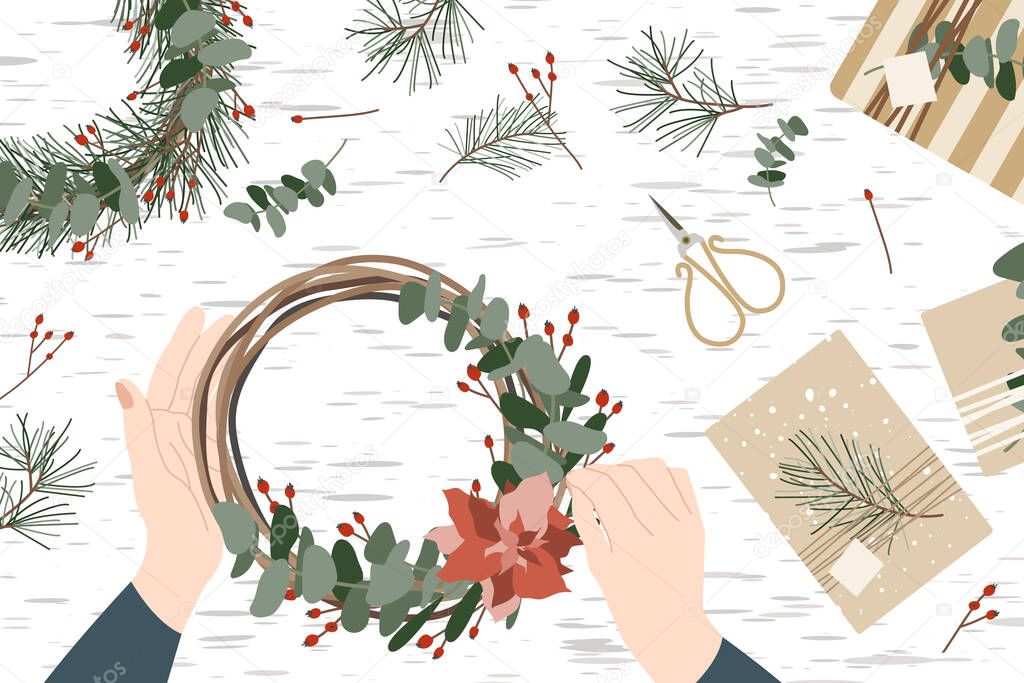 Woman florist making christmas wreath, holiday workshop. Eco decoration, flat lay. Presents in kraft paper. Rustic gift box.  Xmas and New Year celebration preparation. Vector flat style