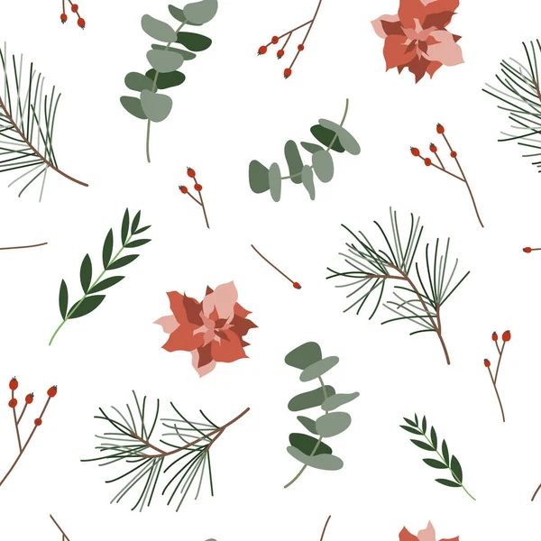 Naadloos Patroon Met Eucalyptus Bessen Sparren Poinsettia Winter Illustratie Witte — Stockvector