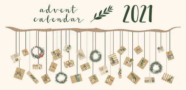 Advent Calendar Christmas Presents Kraft Paper Wreaths Numbers Days Rustic — Stock Vector