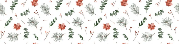 Naadloos Patroon Met Eucalyptus Bessen Sparren Poinsettia Winter Illustratie Witte — Stockvector