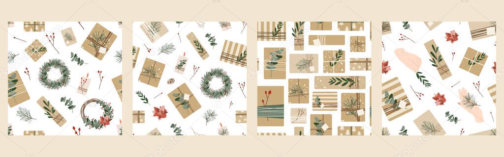 Set of holyday seamless patterns: Christmas presents in kraft paper and wreaths. Rustic gift box. Eco decoration, eucalyptus, spruce. Xmas and New 2021 Year celebration preparation. Vector flat art