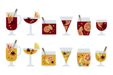 Noel şarabı, narenciye, elma, tarçın, karanfil, kakule ve anason. Bardakta sıcak kış içeceği. Sangria, elma şarabı. Geleneksel Xmas içeceği. Vektör çizimi, düz çizgi film biçimi