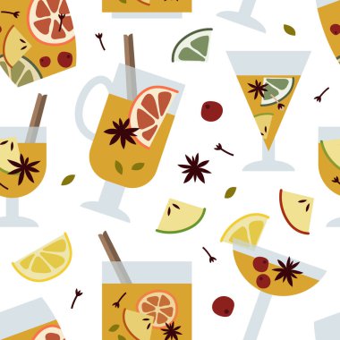 Noel aromalı beyaz şarap, elma, tarçın, karanfil, kakule, anason. Bardakta sıcak kış içeceği. Sangria, elma şarabı. Geleneksel Xmas içeceği. Vektör düz çizgi film kusursuz desen