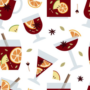 Noel aromalı kırmızı şarap, elma, tarçın, karanfil, kakule ve anason. Sangria. Bardakta sıcak kış içeceği. Geleneksel Xmas içeceği. Vektörsüz desen, düz çizgi film biçimi