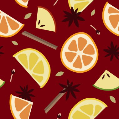 Noel aromalı kırmızı şarap, elma, tarçın, karanfil, kakule ve anason. Sangria. Sıcak kış içeceği. Geleneksel Xmas içeceği. Vektörsüz desen, düz çizgi film biçimi