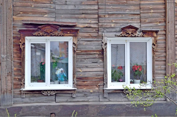 Windows Old Wooden House Provincial Russian City — Stock Photo, Image