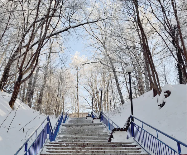 Una Escalera Conduce Río Invierno — Foto de Stock