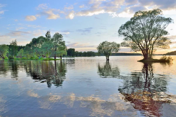 Sun Sets Horizon Illuminates River Coast — Stock Photo, Image