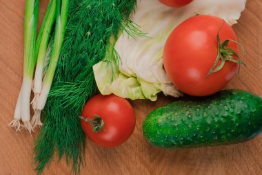 Vitaminler, salata elementleri, domates, soğan, salatalık, dereotu.