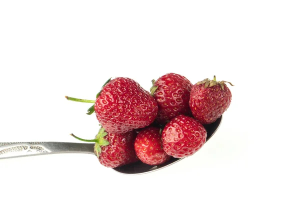 Cucchiaio Pieno Fragole Fondo Bianco — Foto Stock