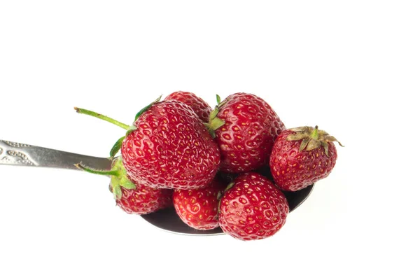 Cucchiaio Pieno Fragole Fondo Bianco — Foto Stock