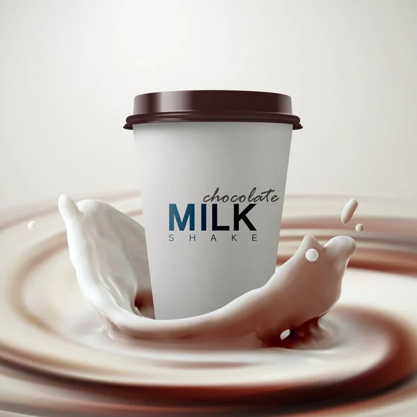 Paper milkshake cup with chocolate milk crown splash — Stock Vector