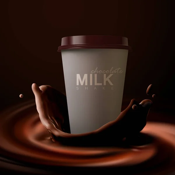 Copa de batido de papel con salpicadura de corona de leche de chocolate — Vector de stock