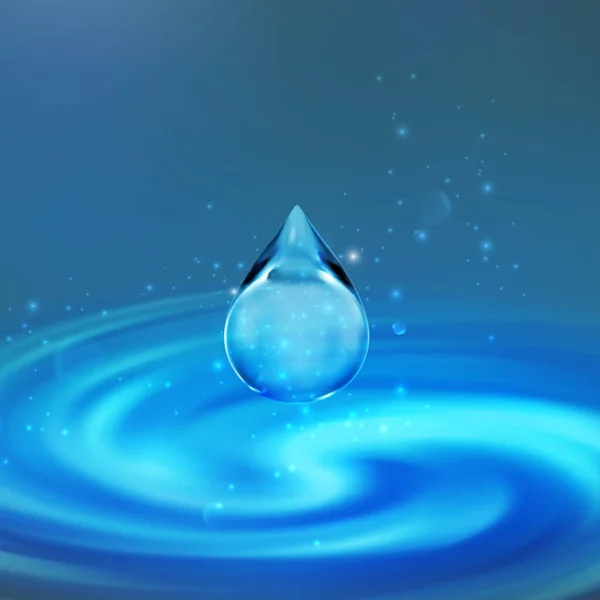 Genomskinlig vattendroppe. Vektorillustration. Fallande vatten droppe med gnistrar och bubbelpool bakgrund — Stock vektor