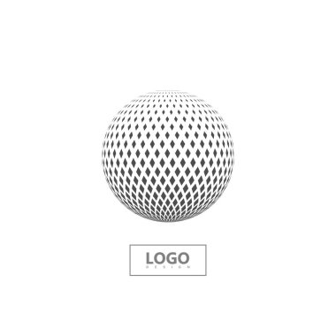 Yarım ton 3D küre beyaz arkaplanda izole. Vektör soyut illüstrasyon. Küresel ikon, parçacıklar ve eğri çizgiler. Teknoloji ya da sosyal medya logosu için kullanılabilir. Mobil uygulama işareti