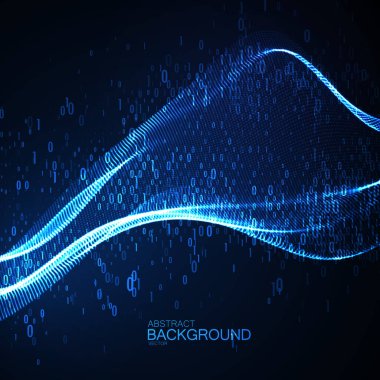 İkili kod parçacıklarının soyut sanal dijital dalgası. 1, 0 basamaklı fütüristik vektör çizimi. Neon ışıklı bulut yapısı. İnternet ya da siber uzay teknolojisi kavramı. Sinirsel ağ.