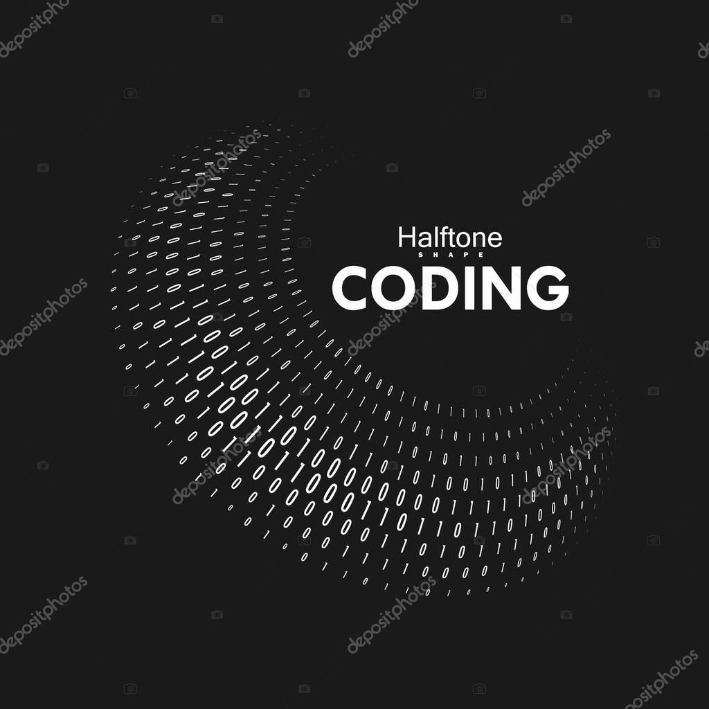 Curved binary code. 3d spherical shape with numbers 1, 0. Vector abstract technology illustration. Dynamic elements for design. Coding, cryptography, programming concept. Software development logo