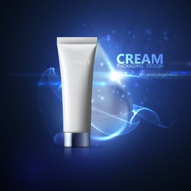 Kozmetik ambalaj tasarımı. Parlak ışık ışınlı siyah krema tüpü. 3D gerçekçi vektör çizimi. Markalaşmak için makyaj malzemeleri. Güzellik malzemesi. Reklam posteri