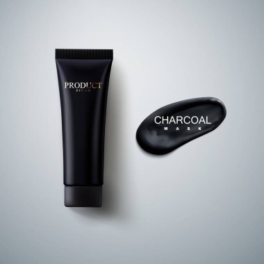Kömür yüz maskesi kozmetik ambalaj tasarımı. Kara krema tüpü, kömür lekesi felçli. 3D gerçekçi vektör çizimi. Markalaşmak için makyaj malzemeleri. Güzellik ürünleri.