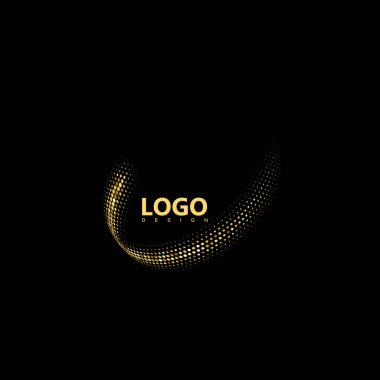Altın rengi yarım tonlu 3 boyutlu kavisli vuruş. Vektör yarım ton parıltılı akış. Logo tasarımı için dinamik elementler. Web ve yazdırma tasarımı için uygulanabilir