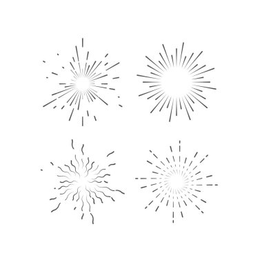 Ana hatlarıyla patlayıcı havai fişekler. Yıldız patlaması ya da güneş patlaması koleksiyonu. Eskimiş ışık ışınları. Vektör grafik çizimi çizimi. Etiket veya hipster logo tasarım ögeleri kümesi