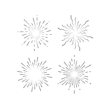 Patlama şeklindeki havai fişekler. Yıldız patlaması ya da güneş patlaması koleksiyonu. Eskimiş ışık ışınları. Vektör grafik çizimi çizimi. Etiket veya logo tasarım ögeleri kümesi