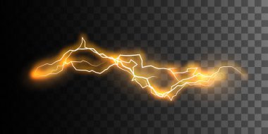 Visual electricity effect. Glowing powerful energy discharge isolated on checkered transparent background. Lightning. Vector illustration clipart