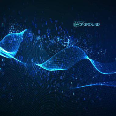 Sanal uzayın soyut dönüşümü. İkili kod parçacıkları ve parlayan neon siber dalgaların geleceksel vektör çizimi. Büyük veri yapısı. İnternet ya da siber uzay teknolojisi kavramı. Sinirsel ağ.
