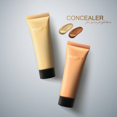 Vakıf krem ambalaj tasarımı. Güzellik reklamı posteri. Yüz tonlama kremi lekeli saklama tüpleri. 3D kozmetik ürünü gerçekçi vektörü. Kadın makyaj çizimi. Üst görünüm