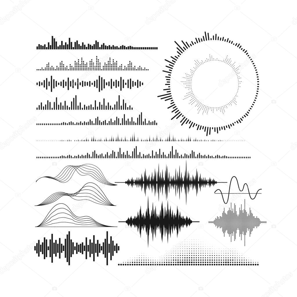 Set of audio equalizer shapes. Sound wave forms. Digital music graphic visualization. HUD elements for design. Vector technology illustration