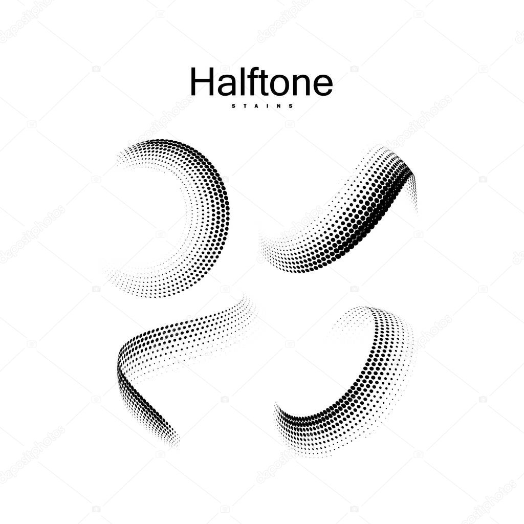 Halftone 3d twisted shapes. Vintage vector halftone curved faded ribbons. Set of dotted stains. Web and print design elements