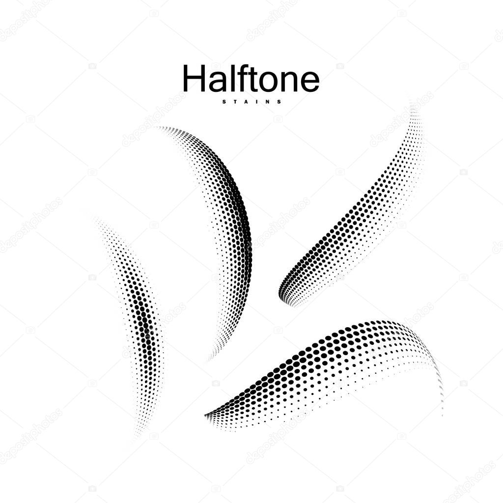 Halftone 3d shapes collection. Vintage vector halftone curved ribbons. Set of dotted stains. Web and print design elements. Grunge textures