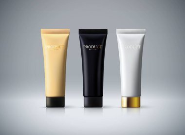 Krema paketleme tasarımı. Moda makyaj reklam afişi. Krema tüpleri beyaz arka planda izole edilmiş. Cilt bakım ürünleri. 3D gerçekçi vektör çizimi. Kozmetik Model