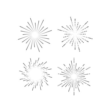 Havai fişek patlaması şekilleri beyaza izole edilmiş. Yıldız patlaması ya da güneş patlaması koleksiyonu. Eskimiş ışık ışınları. Vektör grafik çizimi çizimi. Etiketler. Logo tasarım ögeleri