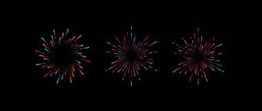 Havai fişek grafikleri. Patlayan renkli yıldız şekillerinin vektör çizimi. Tasarım için dekoratif vintage elementler. Piroteknik semboller