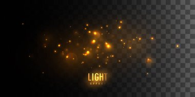 Golden glittering sparkles isolated on dark checkered transparent background. Vector illustration of shiny particles. Luminous fire stars. Light effect element for design clipart