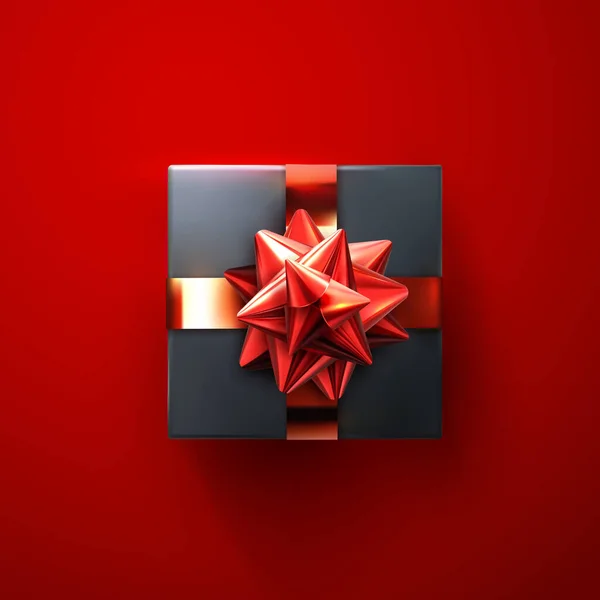 Чорна подарункова коробка з блискучим червоним бантом та стрічками . — стоковий вектор