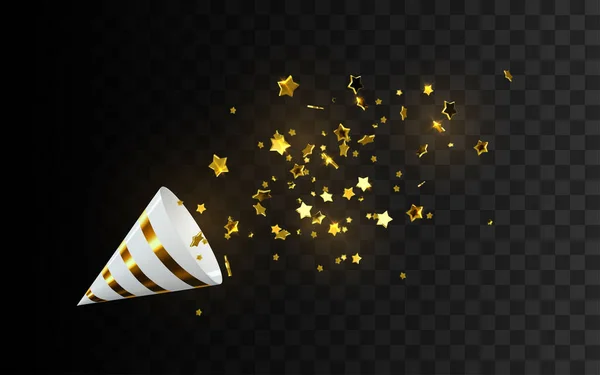 Fête dorée popper avec éclats de confettis étoile explosant. — Image vectorielle
