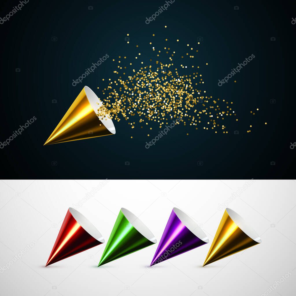 Golden party popper with exploding confetti glitters.