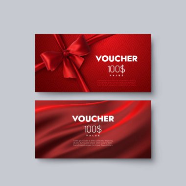 Hediye çeki şablonları. İndirim sertifikaları. 100 dolarlık kuponların vektör illüstrasyonu. Kırmızı fiyonklu, kurdeleli ve ipek kumaşlı birinci sınıf tanıtım kartı.