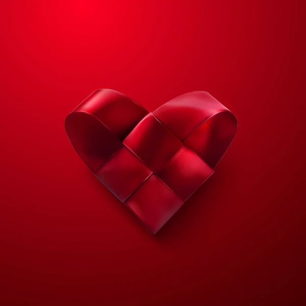 Rotes Realistisches Gewebtes Herz Valentinstag Symbol Mit Geflochtenen Satinbändern Vektorurlaubsillustration — Stockvektor