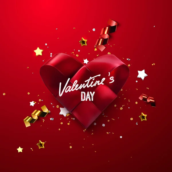 Rood Realistisch Geweven Hart Confetti Glinstert Valentijnsdag Symbool Met Gevlochten — Stockvector