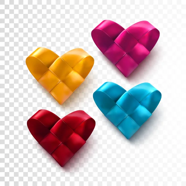 一套五彩缤纷的现实编织的心 情人节的象征编织丝带的心脏隔离在透明的背景 病媒假日图解 横幅设计的节日装饰元素 — 图库矢量图片