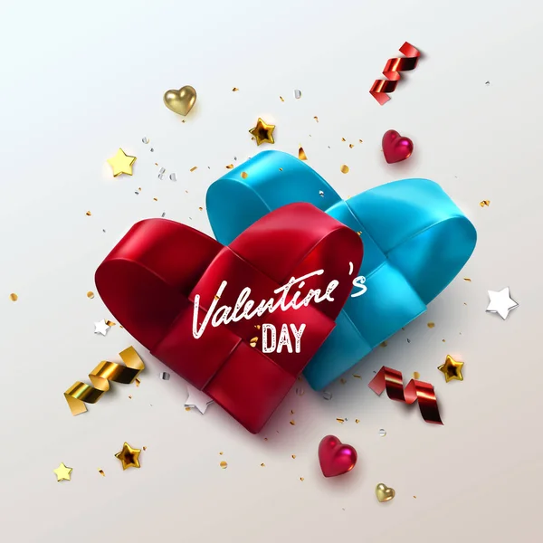 День Святого Валентина Пара Тканых Сердец Текстильной Ленты Блестками Конфетти — стоковый вектор